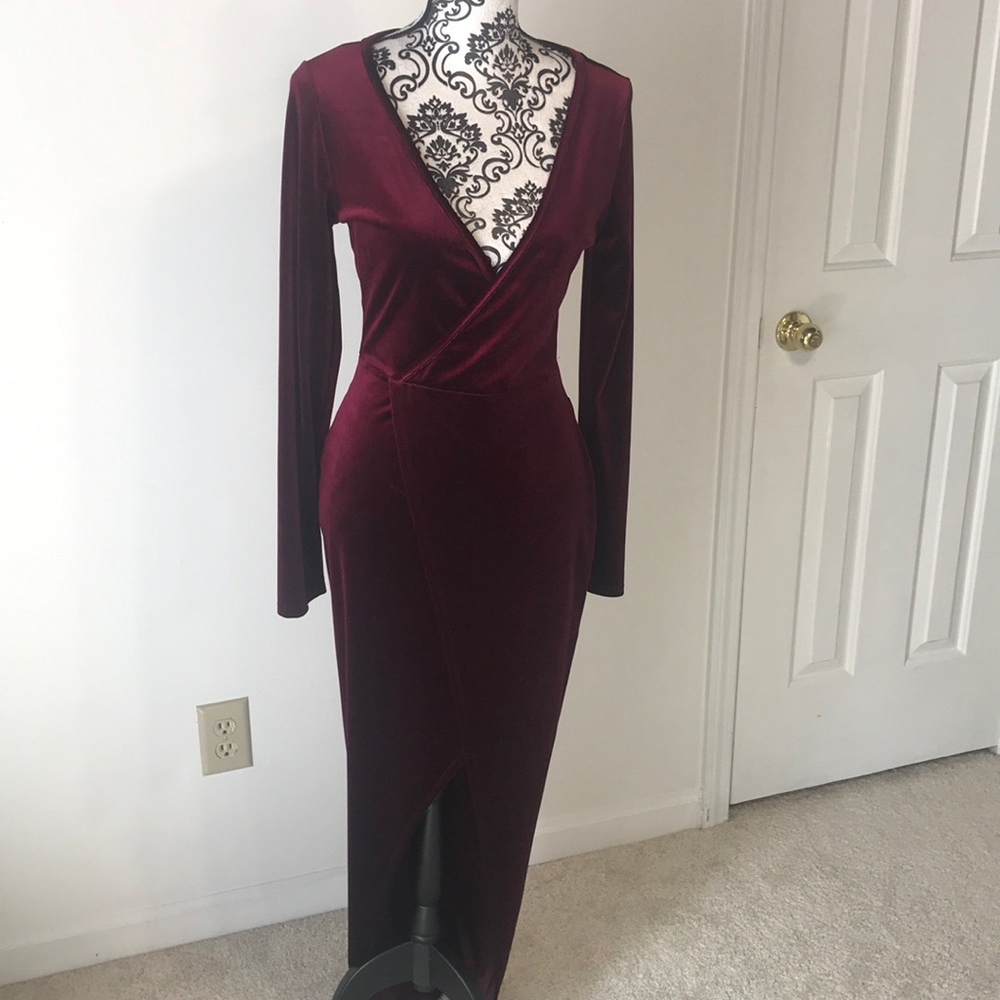 Maroon velvet maxi dress party evening dress